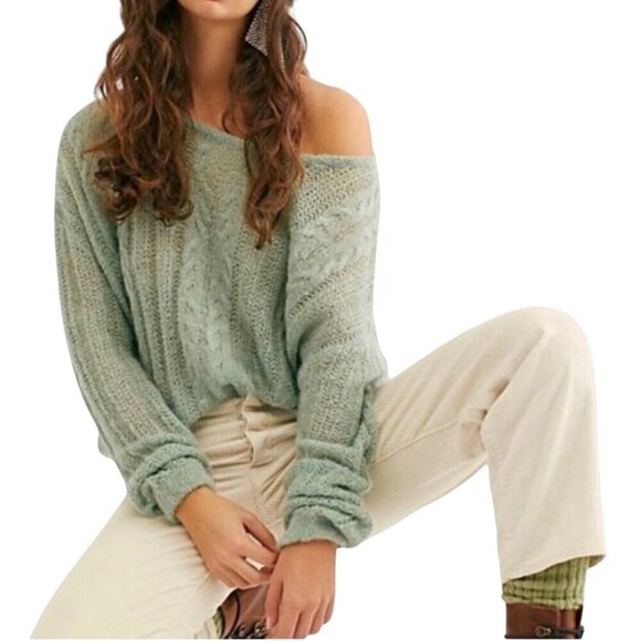 Free People Angel Soft Wool Alpaca Cable Knit Mint Green Sweater Size M - Picture 1 of 9